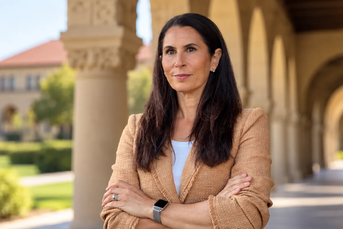 Dr. Samia McCully, ND beside a sandstone colonnade