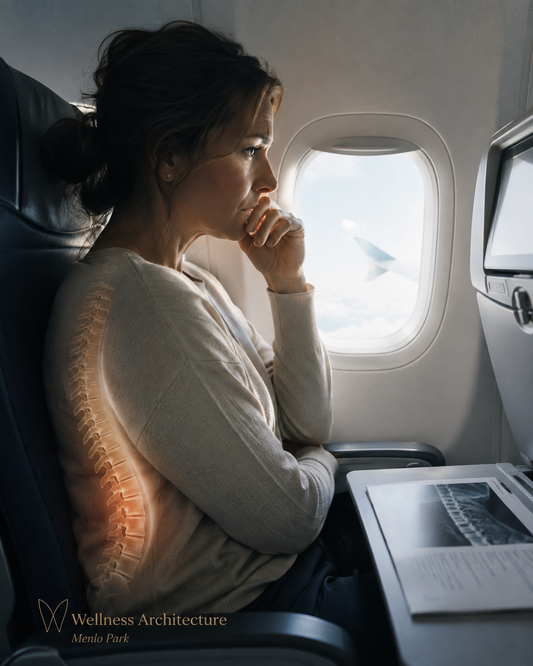 Woman looking out an airplane window, representing the fear of a misdiagnosed spinal fracture before travel, Wellness Architecture Menlo Park
