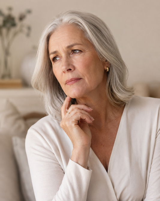 Woman in her mid-40s sitting at her desk with her hand pressed to her forehead, looking exhausted and overwhelmed — illustrating the experience of perimenopause symptoms that standard hormone testing is missing