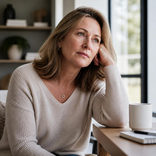 Woman in her late 40s looking thoughtful and slightly fatigued, representing the experience of suspected subclinical hypothyroidism with symptoms that have gone undiagnosed, Wellness Architecture Menlo Park