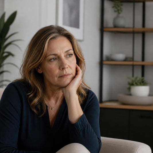 Woman in her late 40s reviewing health information on her phone, representing the confusion between thyroid symptoms, perimenopause symptoms, and blood sugar dysregulation, Wellness Architecture Menlo Park