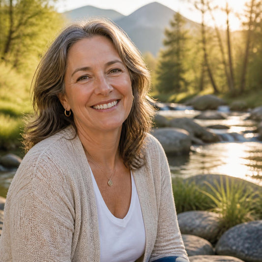 Woman in her mid-50s smiling and looking relaxed outdoors, representing full recovery from seven years of trigeminal neuralgia through naturopathic root cause treatment, Wellness Architecture Menlo Park