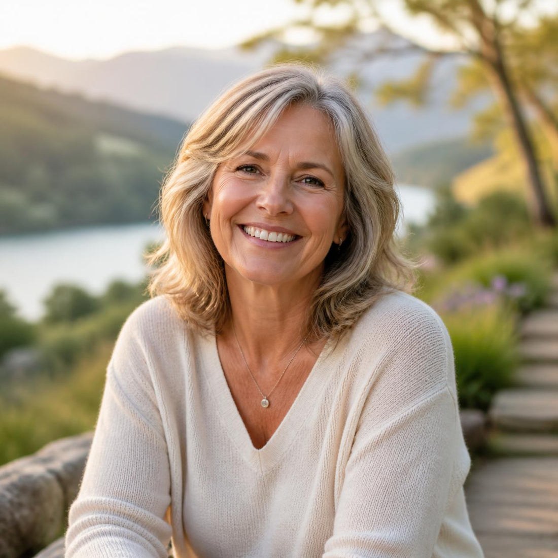 Woman in her mid-50s sitting thoughtfully, representing the intersection of menopause, hormonal decline, and increased susceptibility to chronic conditions including nerve pain and inflammation, Wellness Architecture Menlo Park